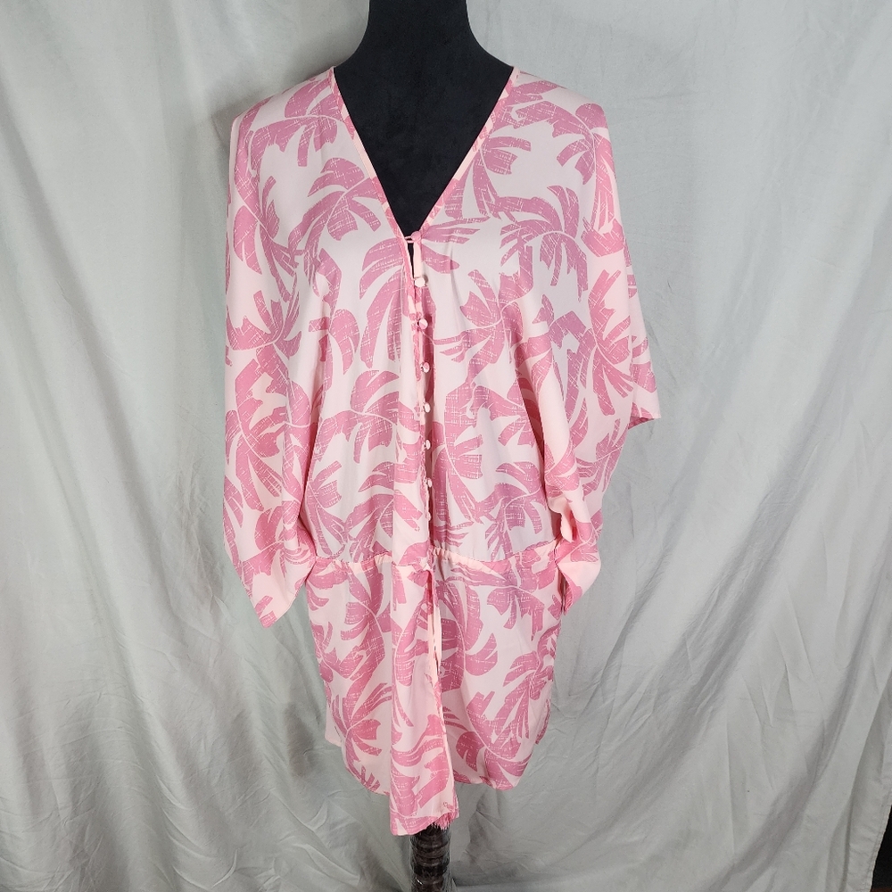 VERSONA Size OSFM Two Toned Pink Tropical‎ Print Drawstring Kimono Swim Cover Up
